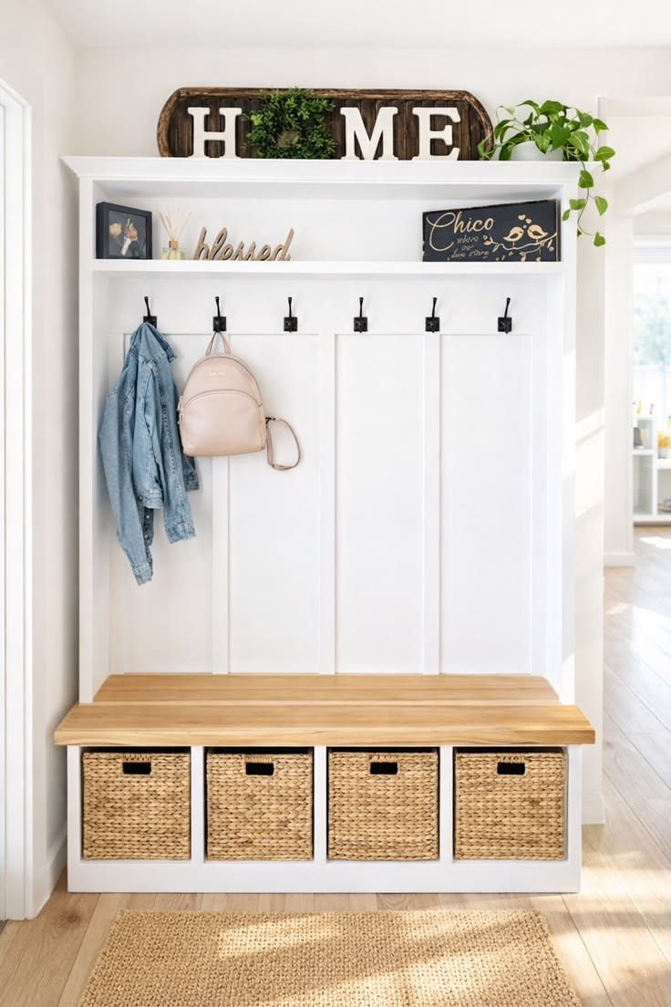 A white mudroom locker with HOME letters on top, six hooks and a butcher block bench with four baskets