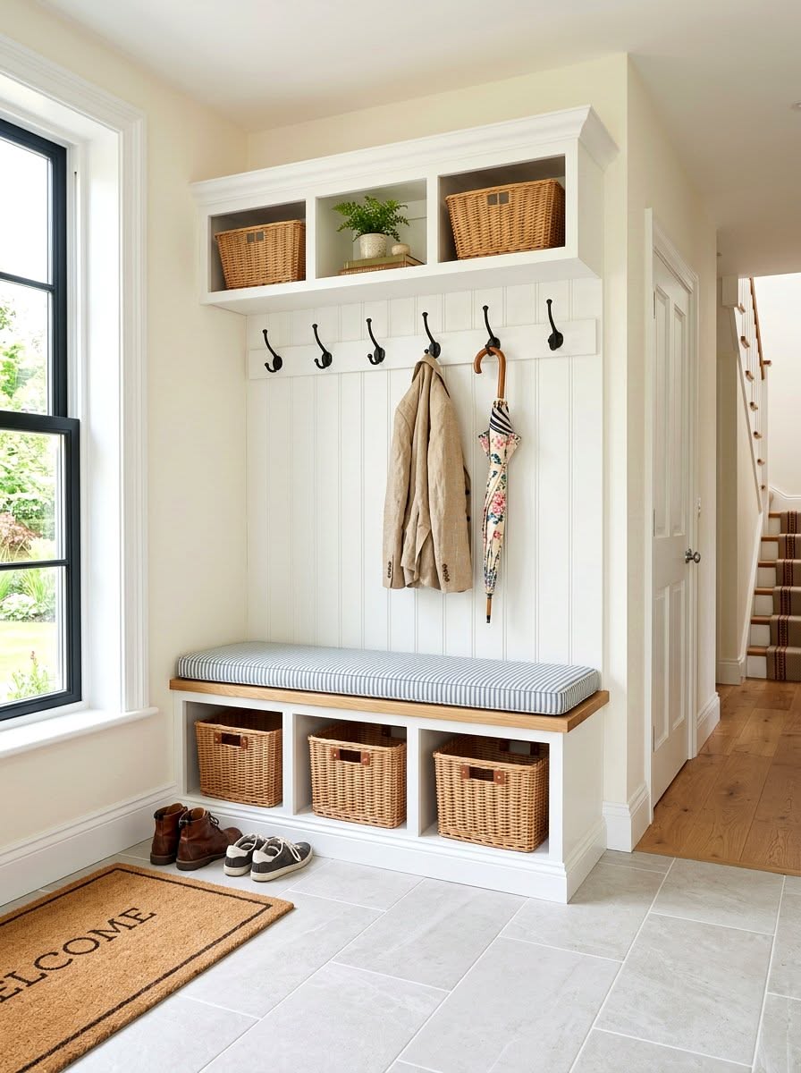 A white built-in with a cubby shelf, hooks, a striped cushion bench and a WELCOME mat