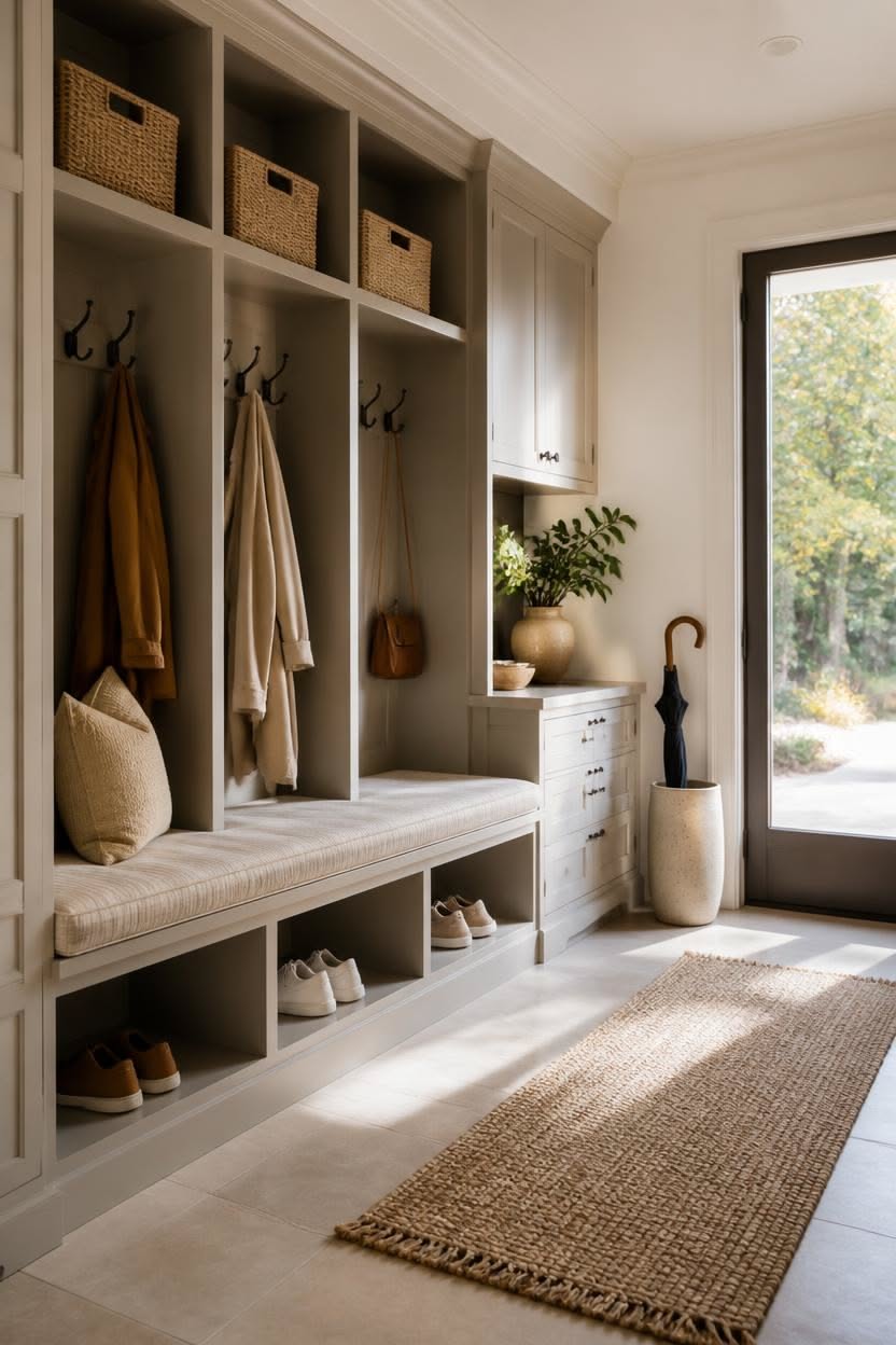 A greige mudroom built-in with a cushioned bench, shoe cubbies, drawers and a tall umbrella pot