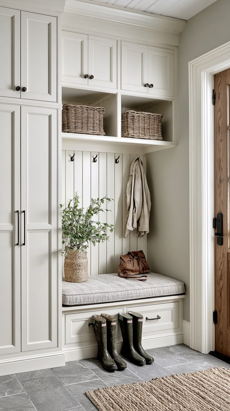 A cream mudroom built-in with tall cabinets, a cushioned bench with drawers and rubber boots