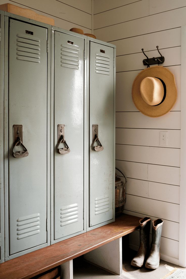 Pale green vintage metal lockers beside a straw hat on a hook and rubber boots on a bench