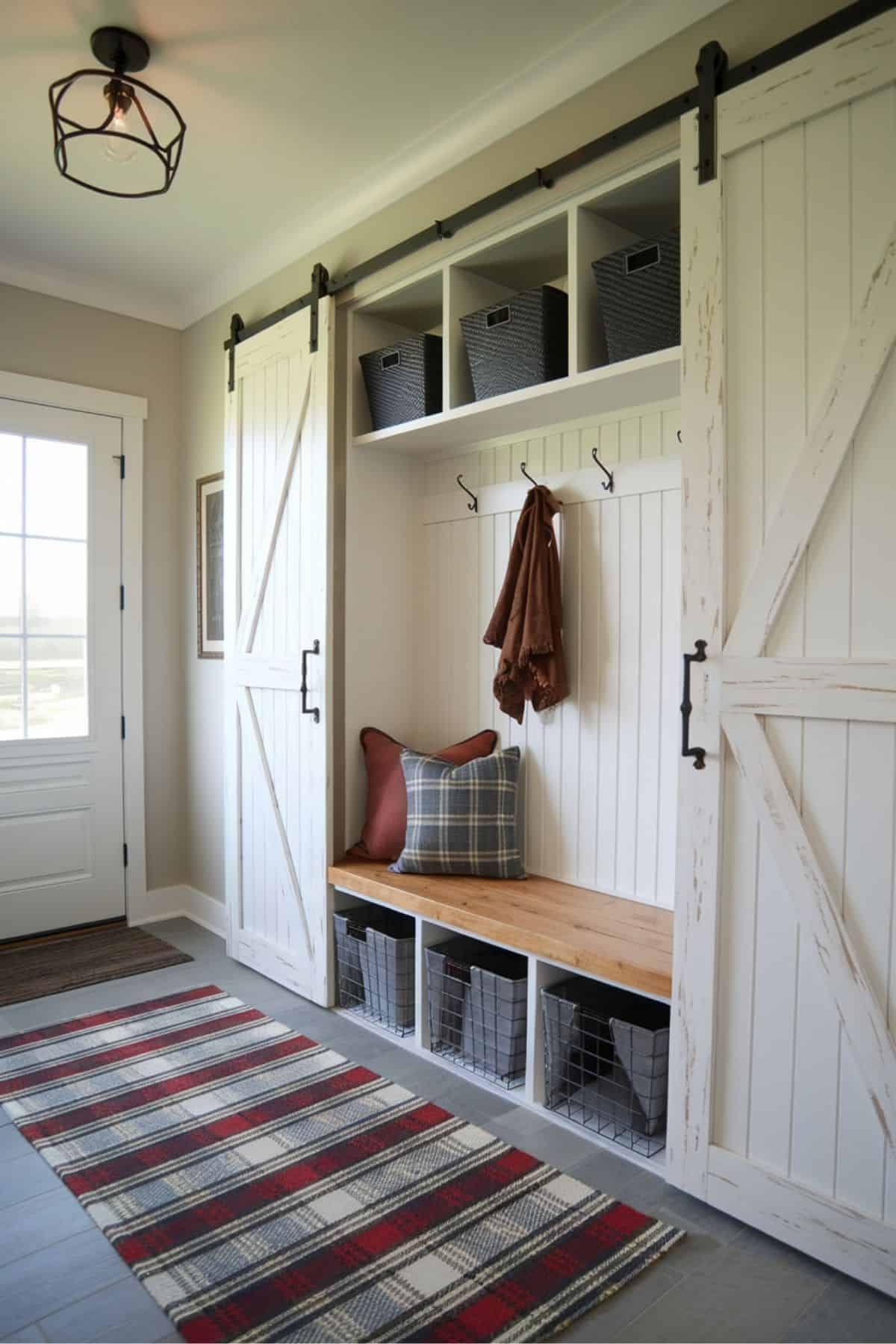 White sliding barn doors with X braces open to a mudroom bench with wire baskets