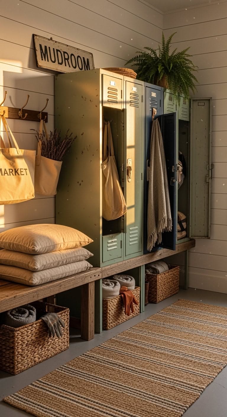 Vintage green and gray metal lockers under a MUDROOM sign with stacked cushions and market totes