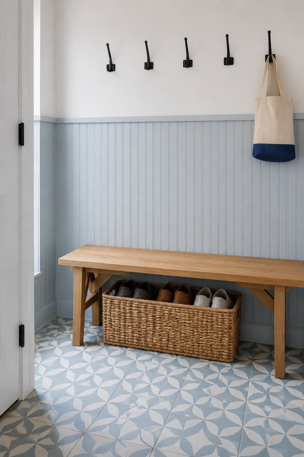 Light blue beadboard wainscot with five black hooks, a wood bench and patterned blue tile