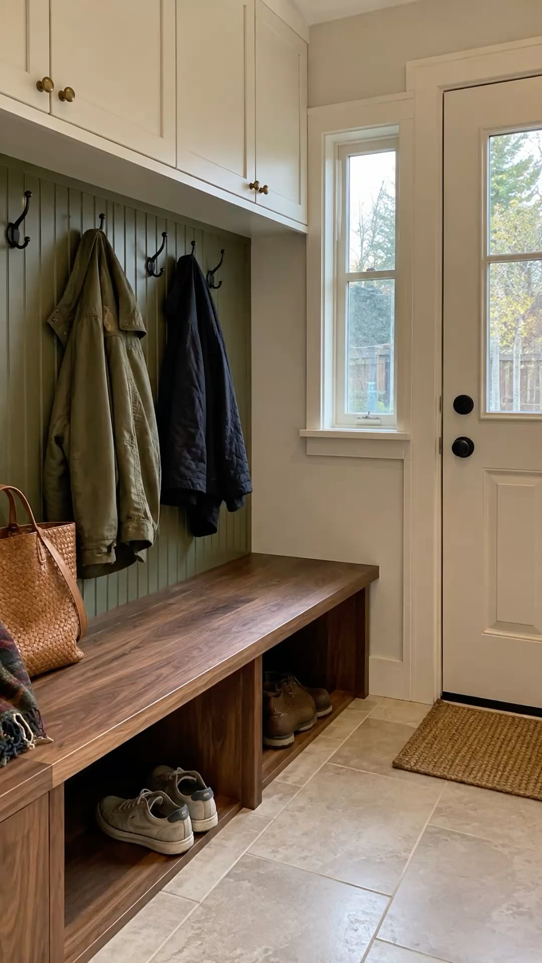 Olive green beadboard with hooks, jackets, a walnut bench and upper cabinets with brass knobs