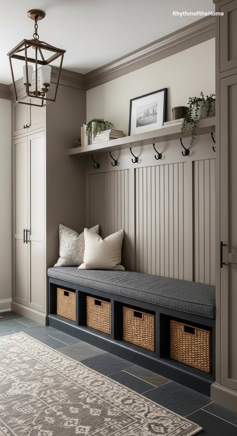 A taupe mudroom built-in with a shelf, hook rail, cushioned bench with four baskets and a lantern pendant