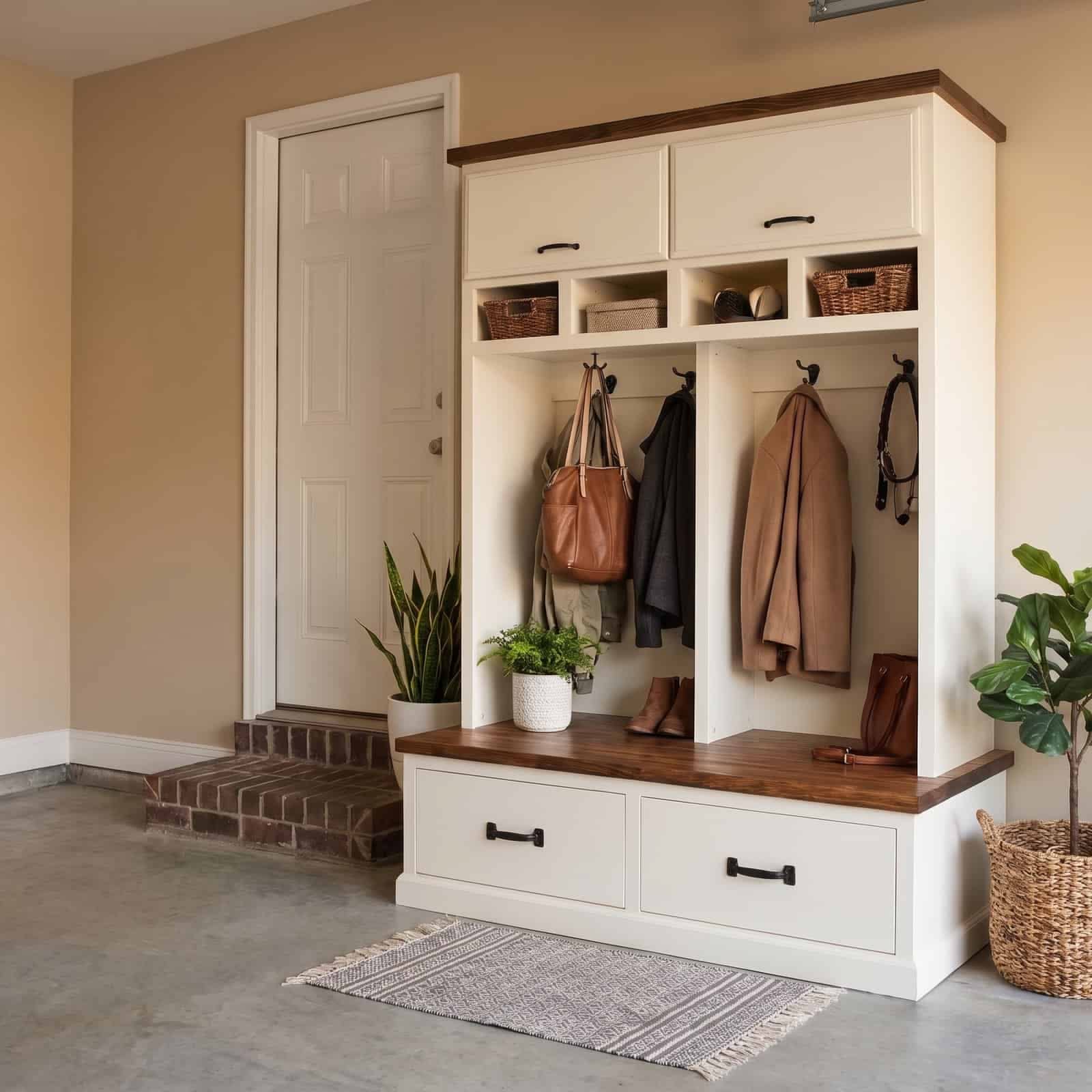 A freestanding white locker with a walnut top and drawers in a garage beside a brick step