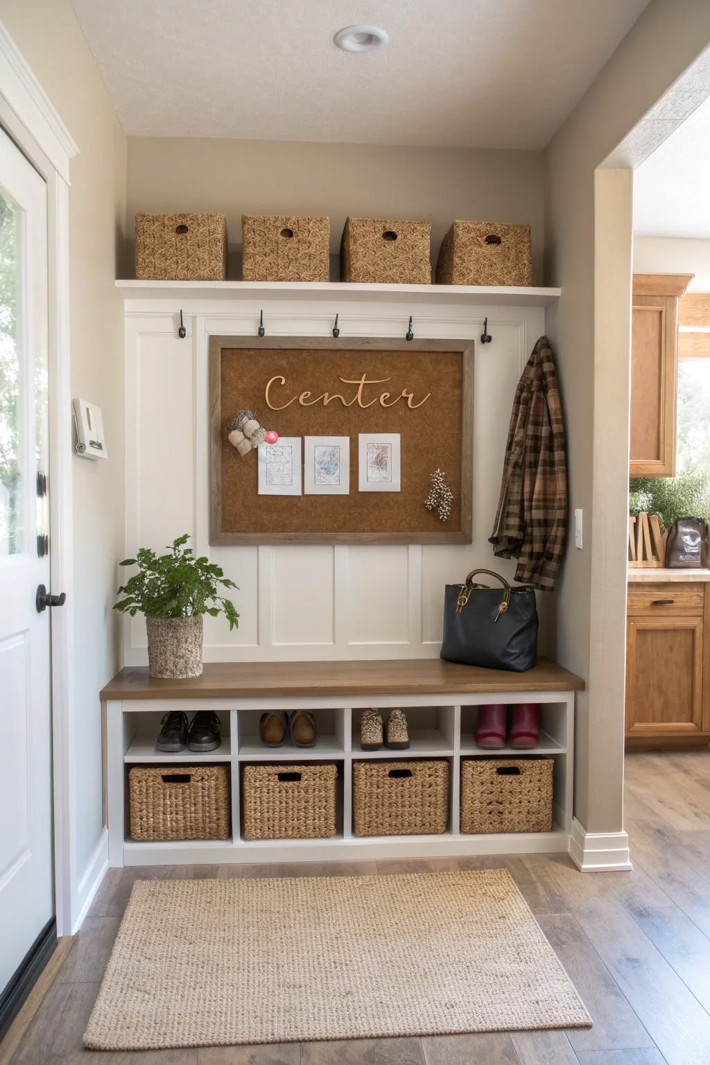 A framed cork board labeled Center above a hook rail, a basket shelf and a shoe bench