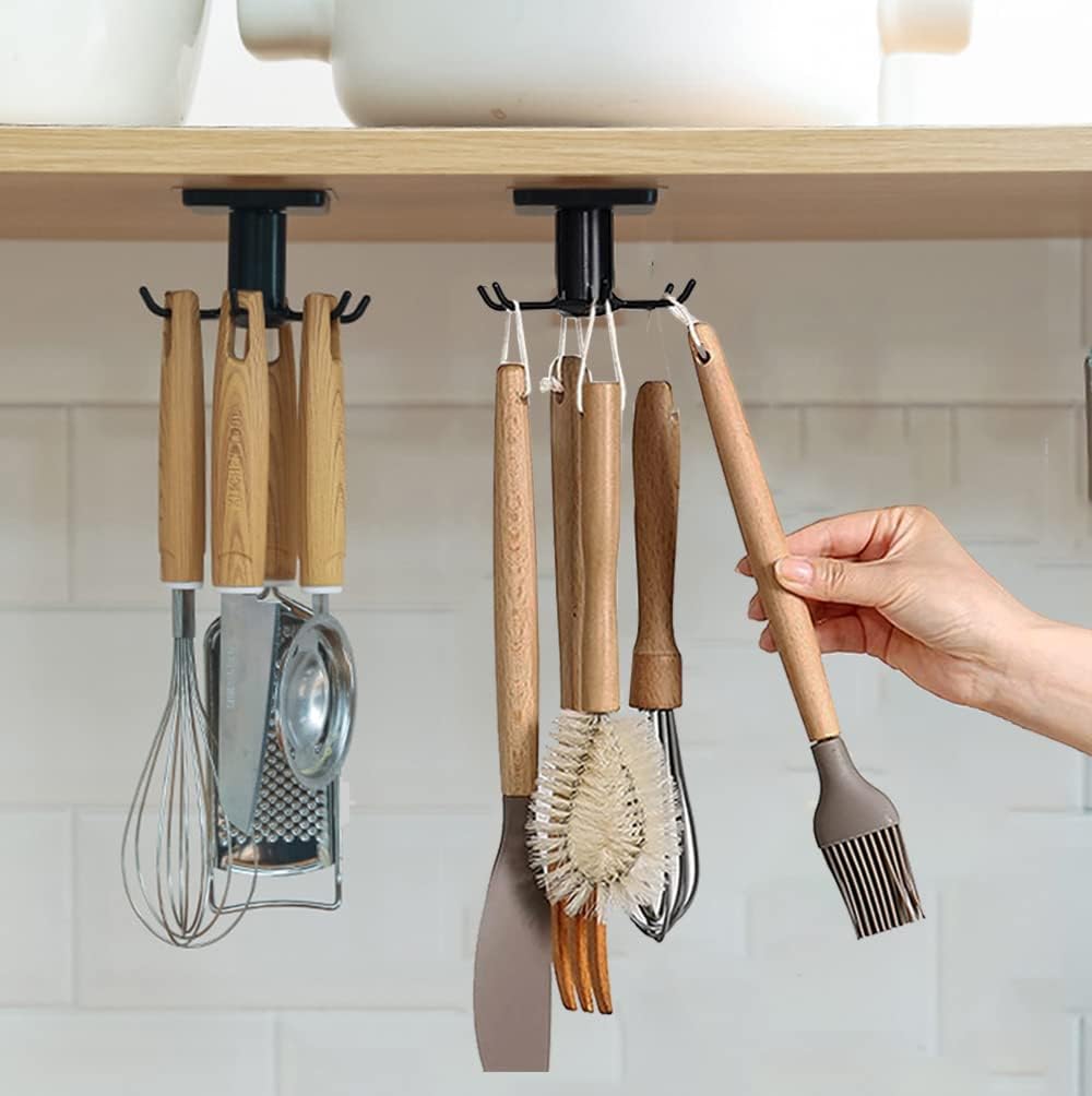 Under Cabinet Rotating Kitchen Utensil Hooks, 2 Pcs, Adhesive No Drilling
