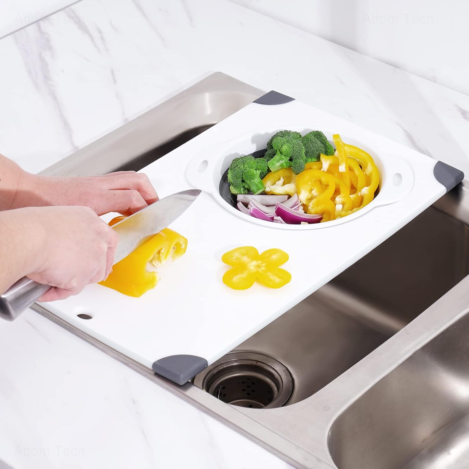 NiHome Over Sink Cutting Board with Collapsible Colander, Non-Slip