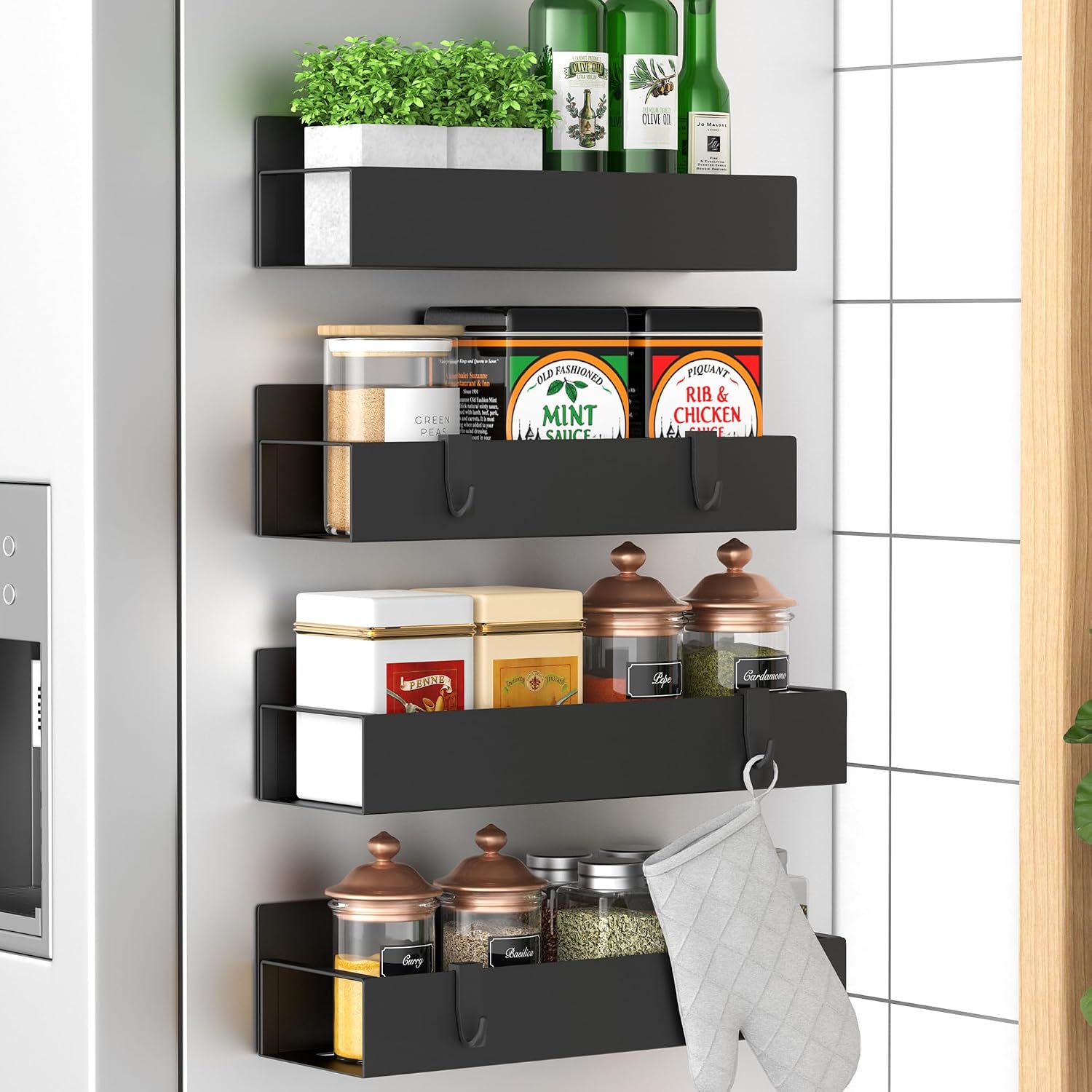 HuggieGems Magnetic Spice Rack for Refrigerator, Black, 4 Pack
