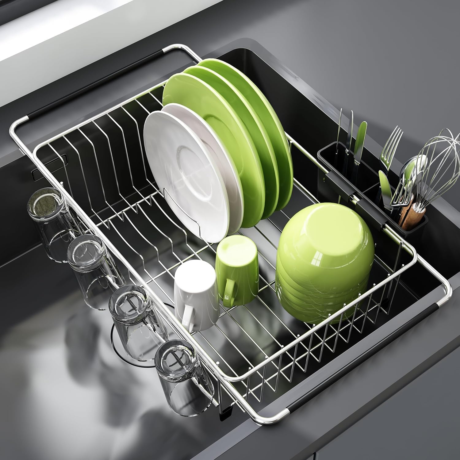 JASIWAY In-Sink Dish Drying Rack with Cup and Utensil Holder
