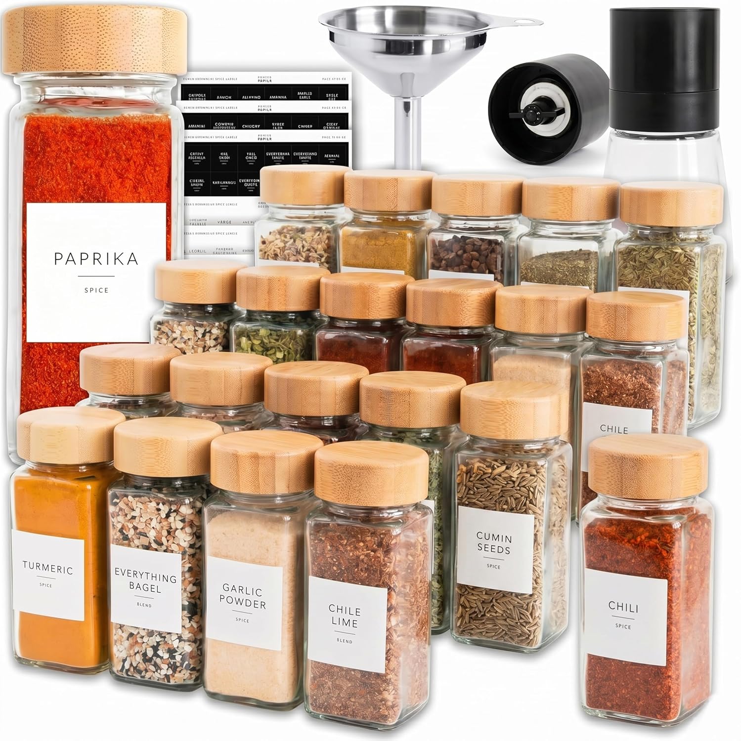 SAVVY and SORTED Glass Spice Jars with Labels, 24 Pack, Bamboo Lids, 4 oz