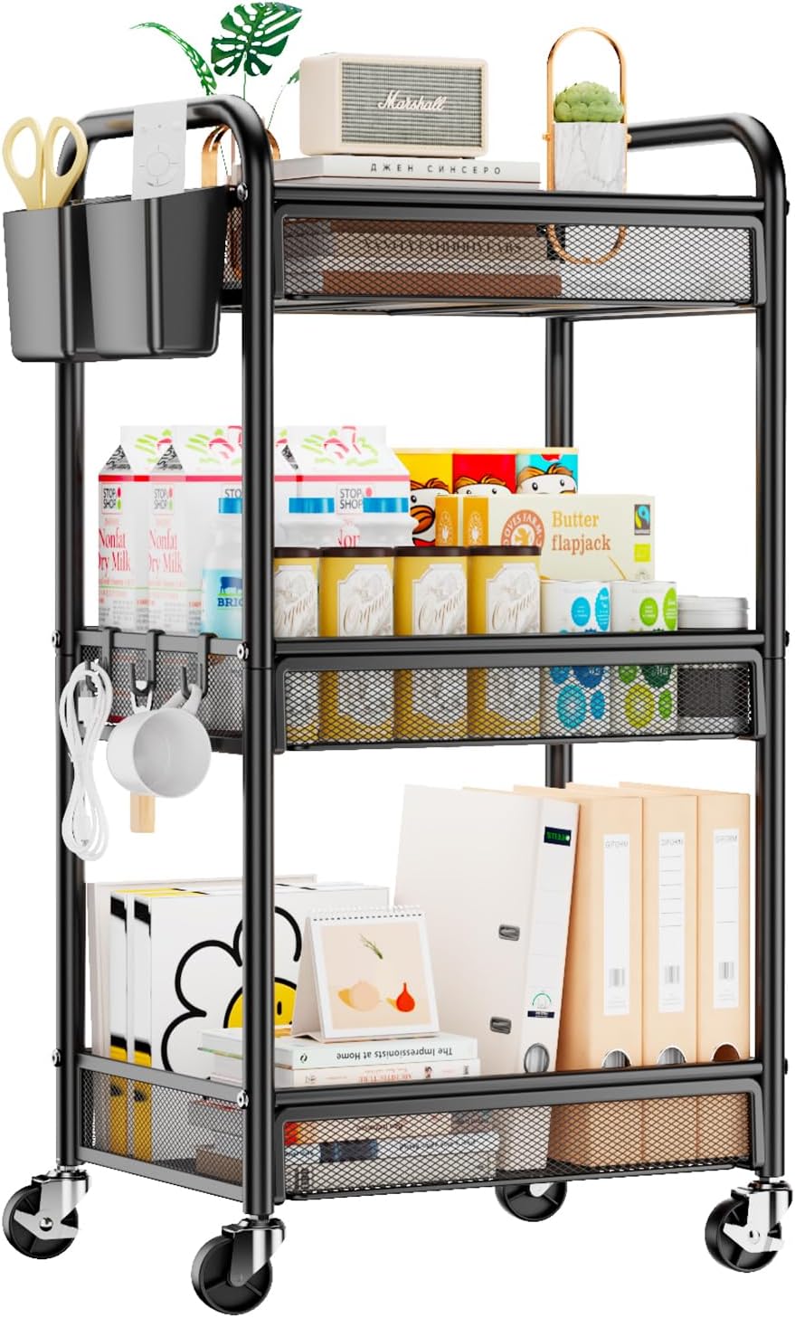 YASONIC 3 Tier Metal Rolling Cart with Wheels, Black Utility Storage Cart