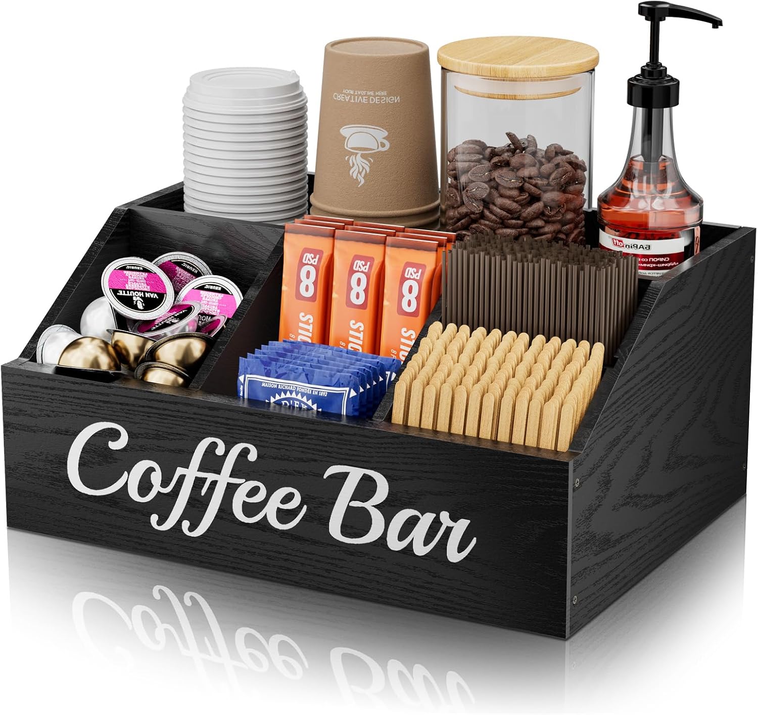 Wooden Coffee Bar Organizer for Countertop with Adjustable Dividers