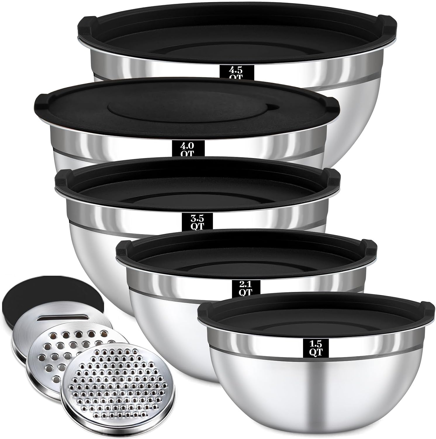 Stainless Steel Mixing Bowls with Lids, 5 Nesting Bowls, 3 Grater Attachments