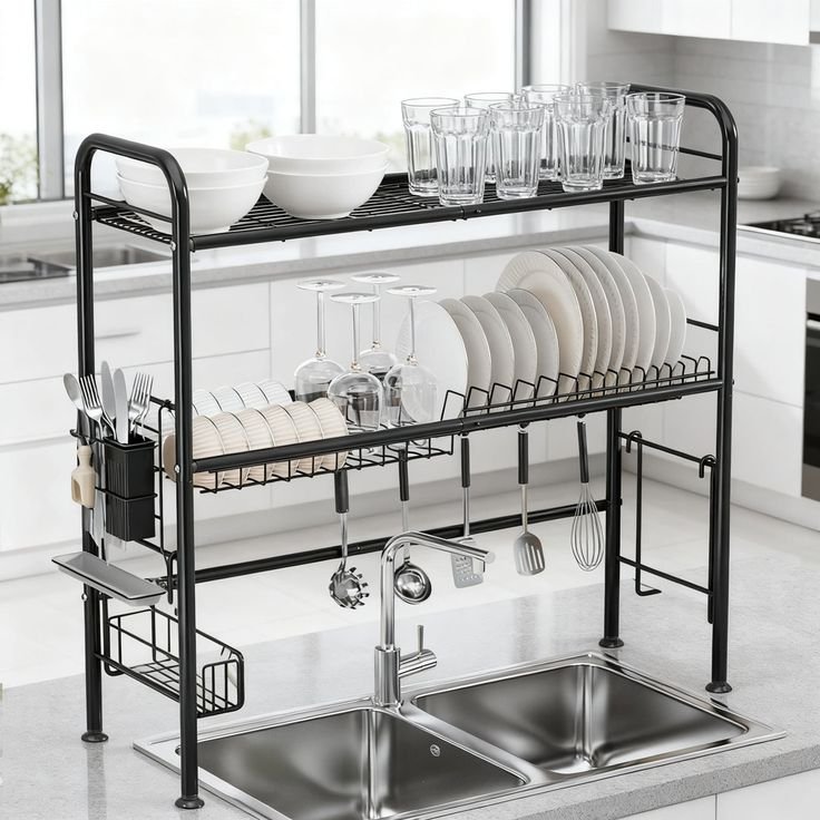 Two-tier black metal dish rack mounted over a double kitchen sink, holding glasses, bowls, plates and hanging utensils