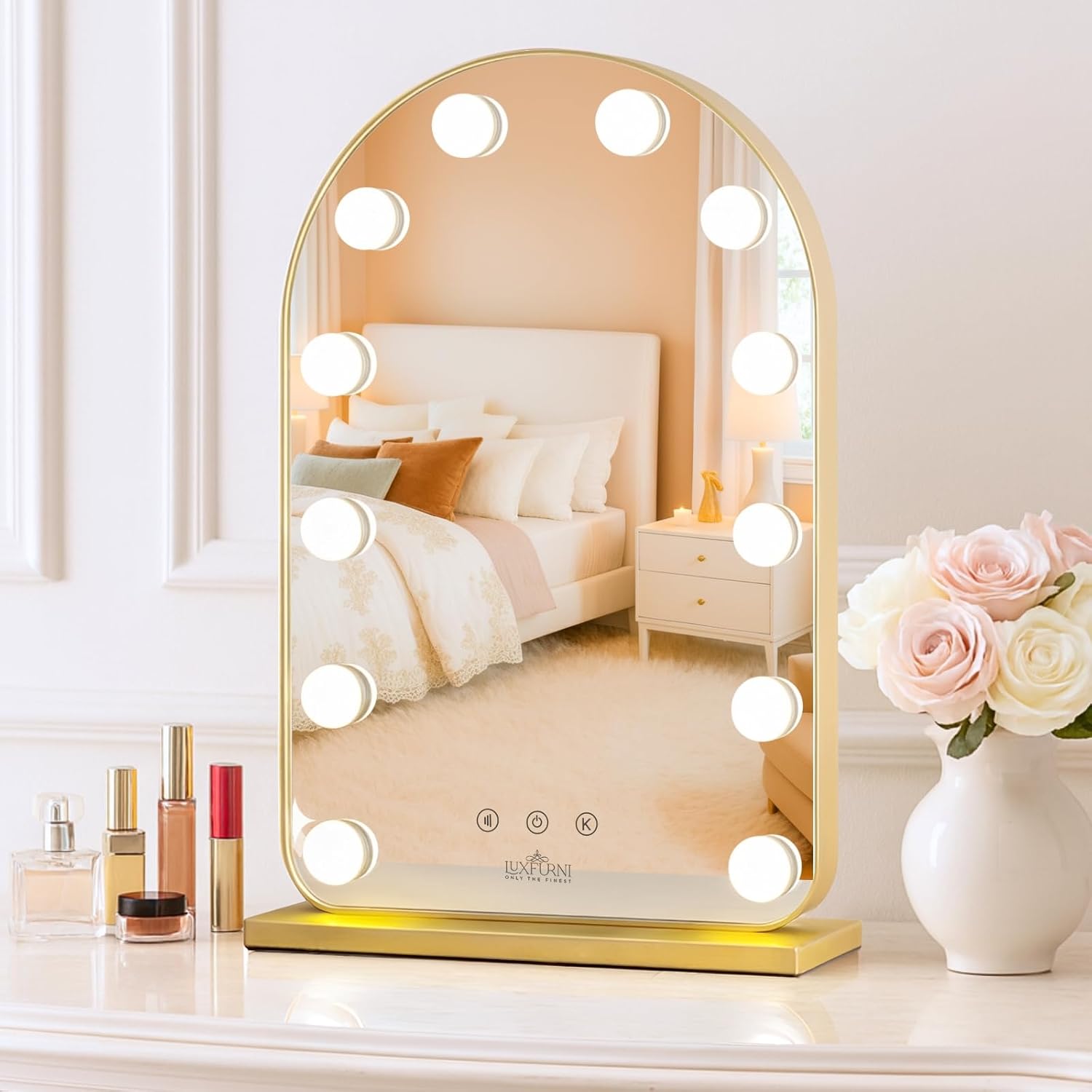 LUXFURNI Arched Hollywood Vanity Mirror with Lights, Gold