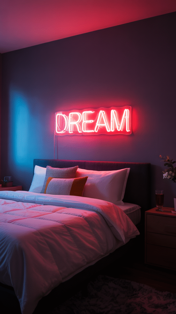 Red neon sign reading DREAM glowing above a bed with white and mustard-toned pillows in a dimly lit bedroom
