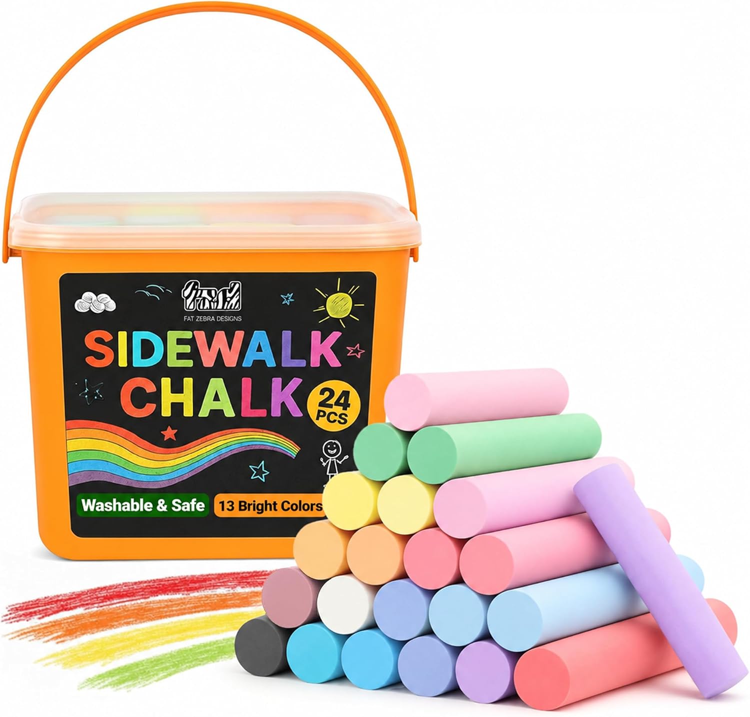 Sidewalk Chalk for Kids, 24 Pcs, 13 Colors, Chalk Bucket, Washable