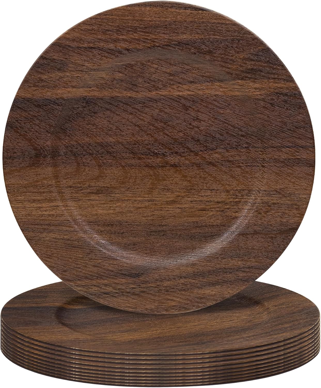 JEVERGN Faux Wood Charger Plates, 13 Inch, Brown, 10 Pack