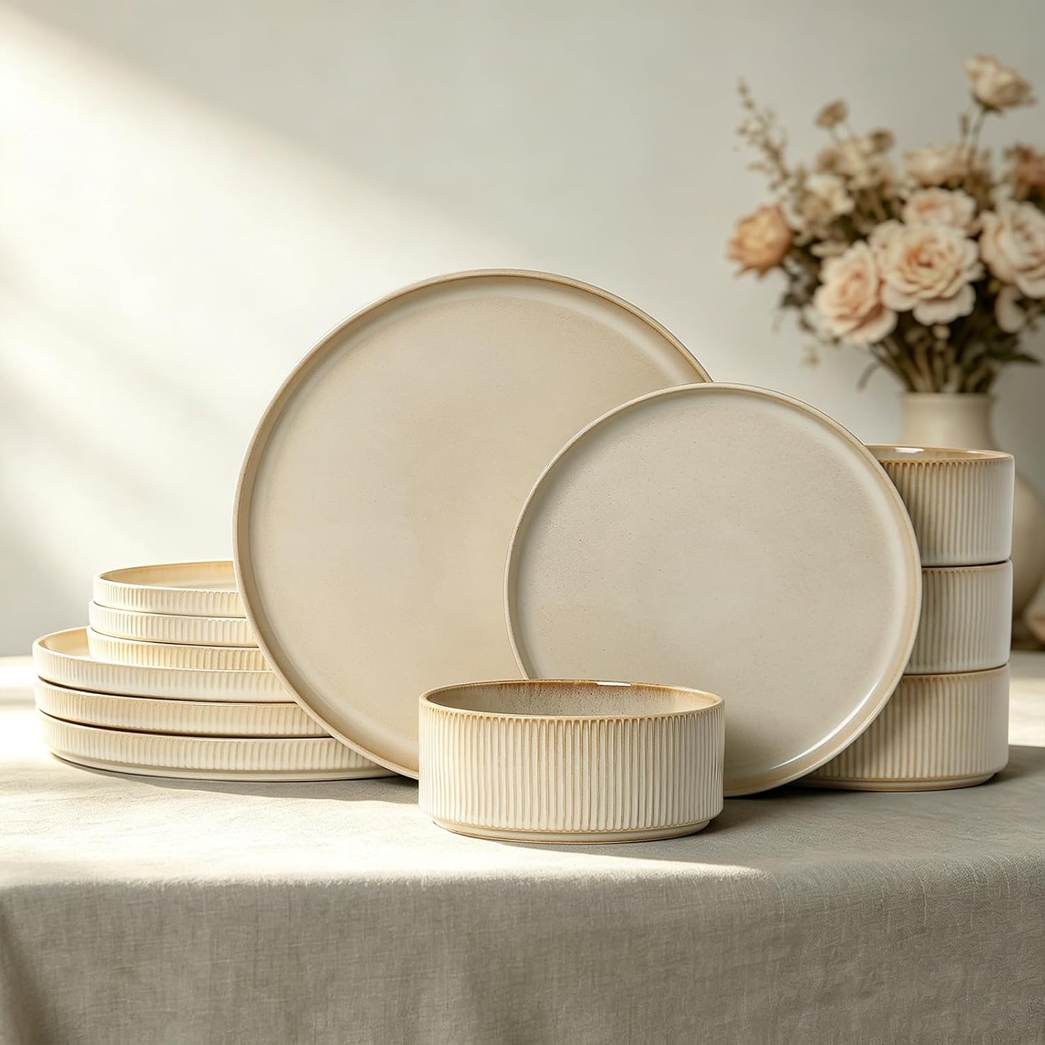 Beige Ribbed Stoneware Dinnerware Set for 4, 12 Pcs Plates and Bowls