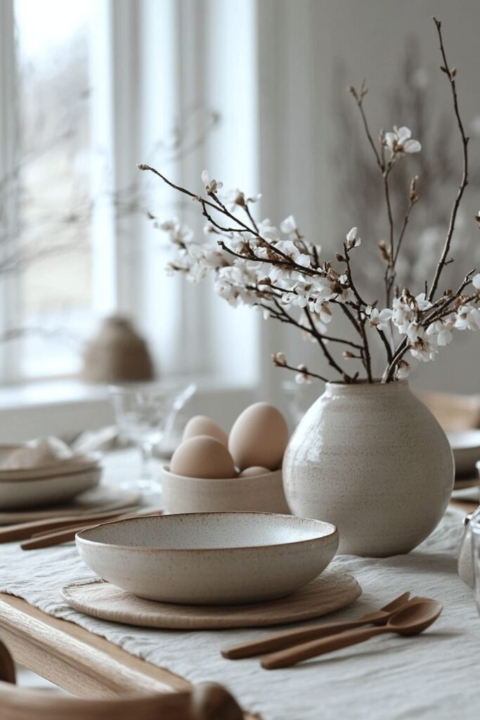 All-white Easter table setting layered with ceramic, linen and wood textures