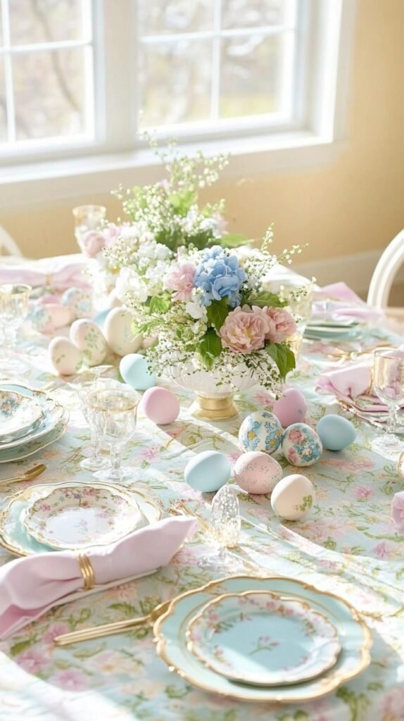 Classic pastel Easter table setting in soft pink, blue and lavender