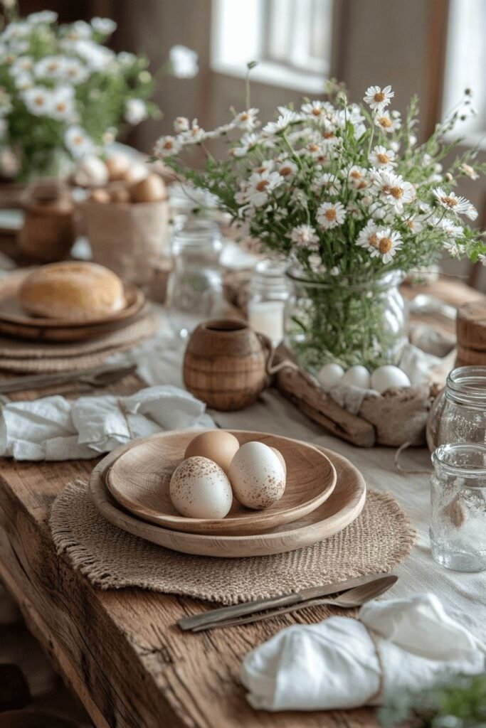 Rustic farmhouse Easter table setting with natural wood and soft greenery