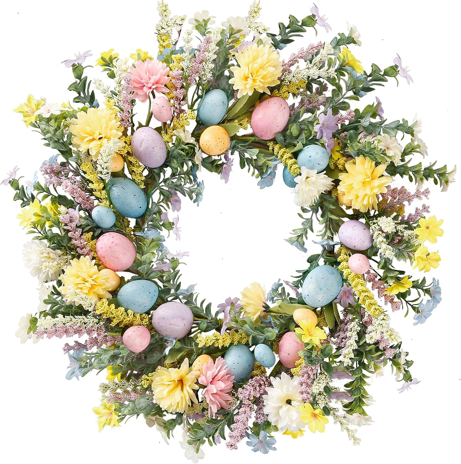 Sggvecsy 20 Inch Easter Wreath with Colorful Eggs and Spring Flowers