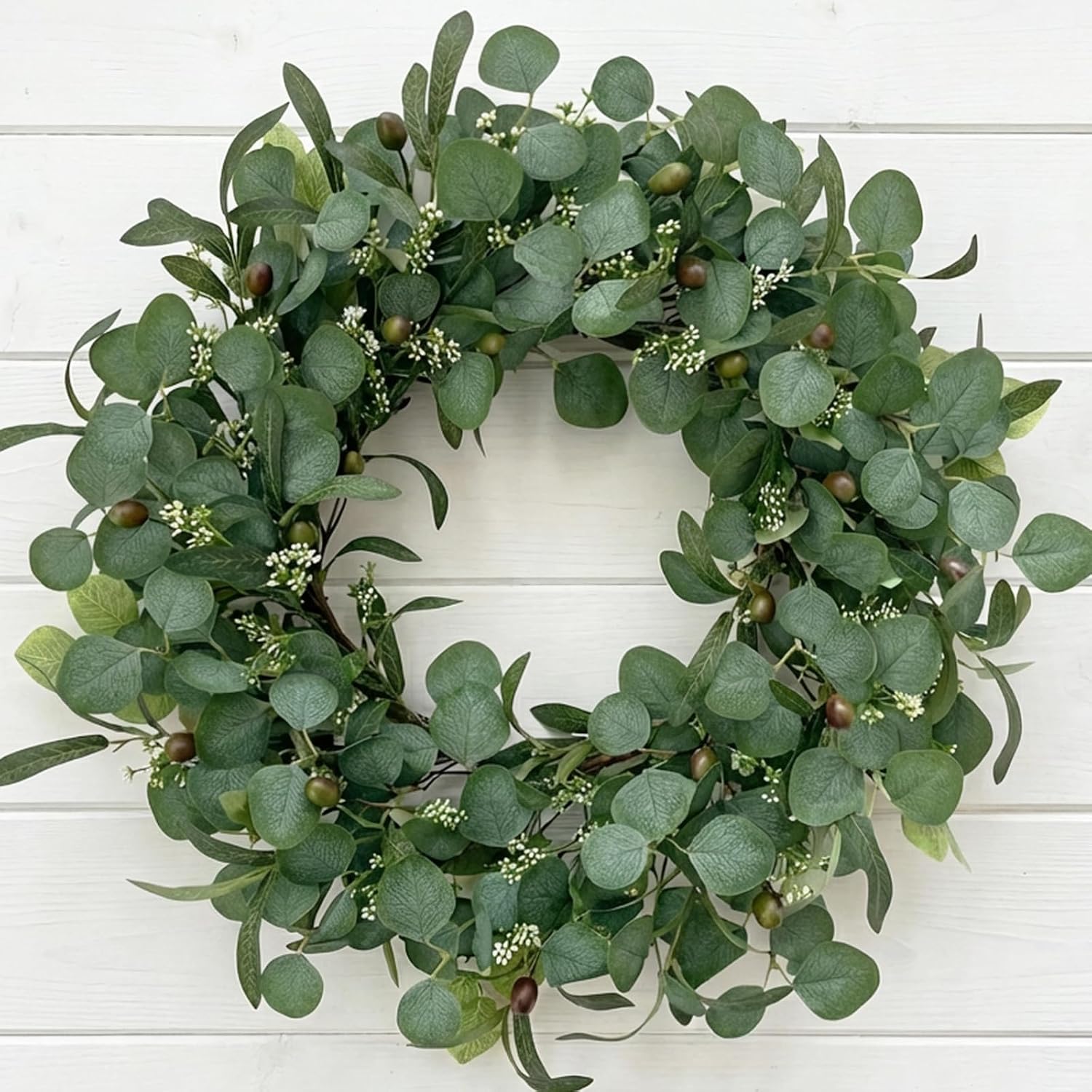 24 Inch Eucalyptus Wreath for Front Door, Artificial Greenery with Olive Leaves