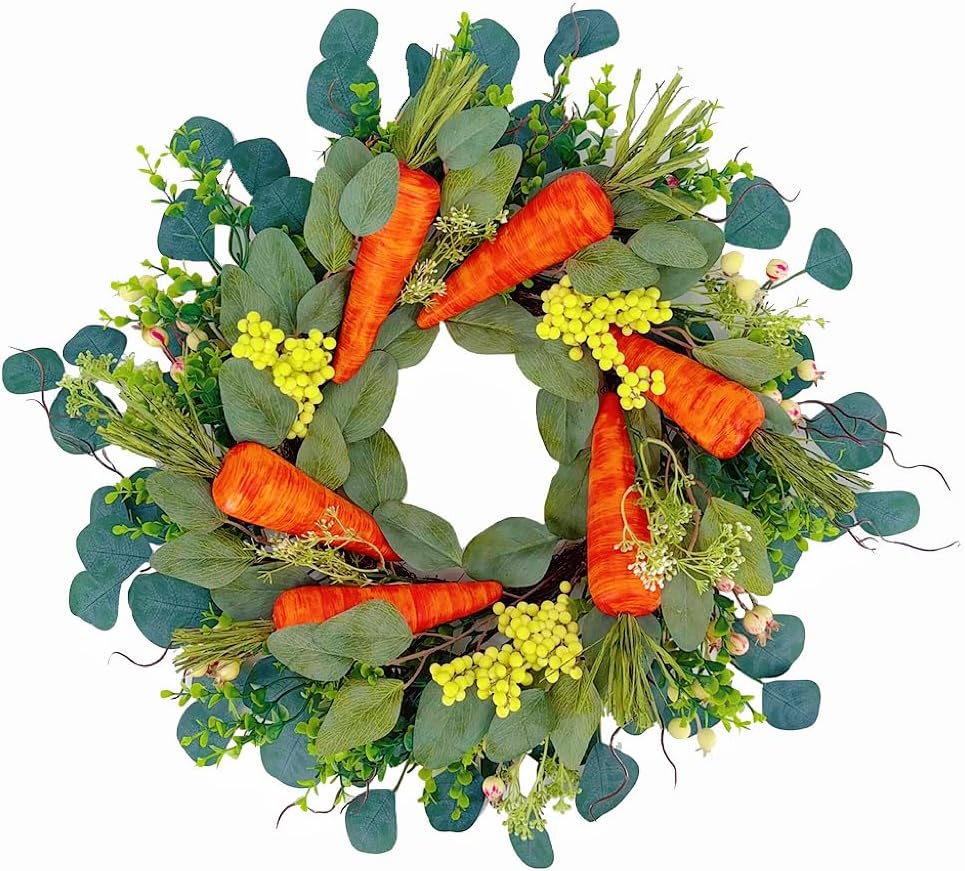 22 Inch Easter Eucalyptus Wreath with Carrot Decor, Spring Front Door