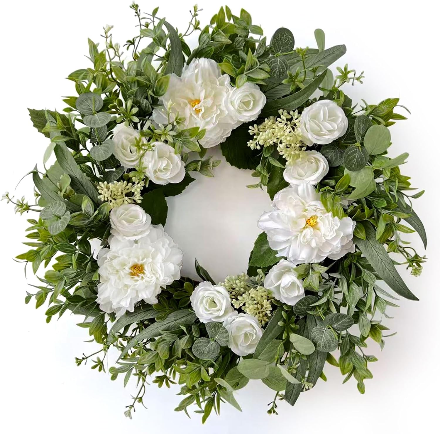 Betylifoy 22 Inch White Dahlia and Rose Floral Wreath for Front Door