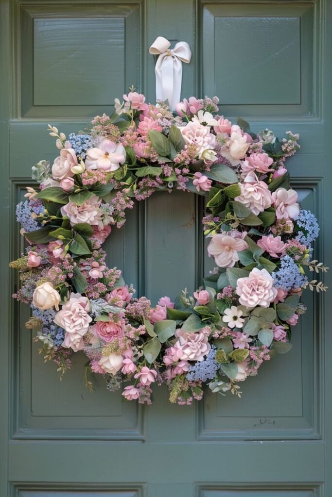 Classic pastel floral Easter wreath with pink peonies and white hydrangeas