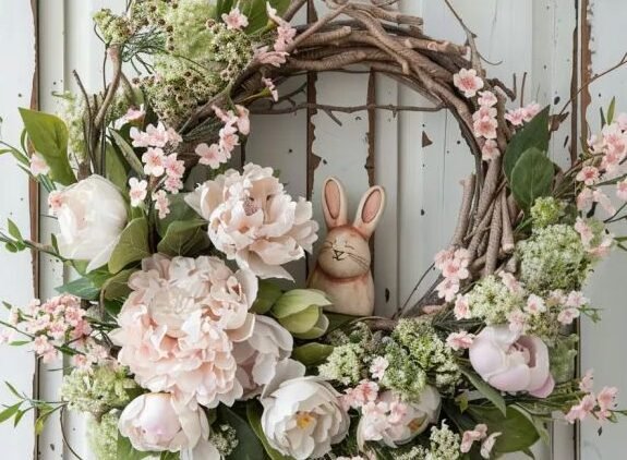 Pinterest-worthy Easter wreath hanging on a front door