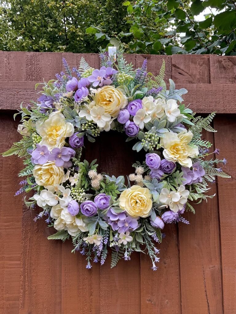 Lavender field Easter wreath with faux lavender stems and white blossoms