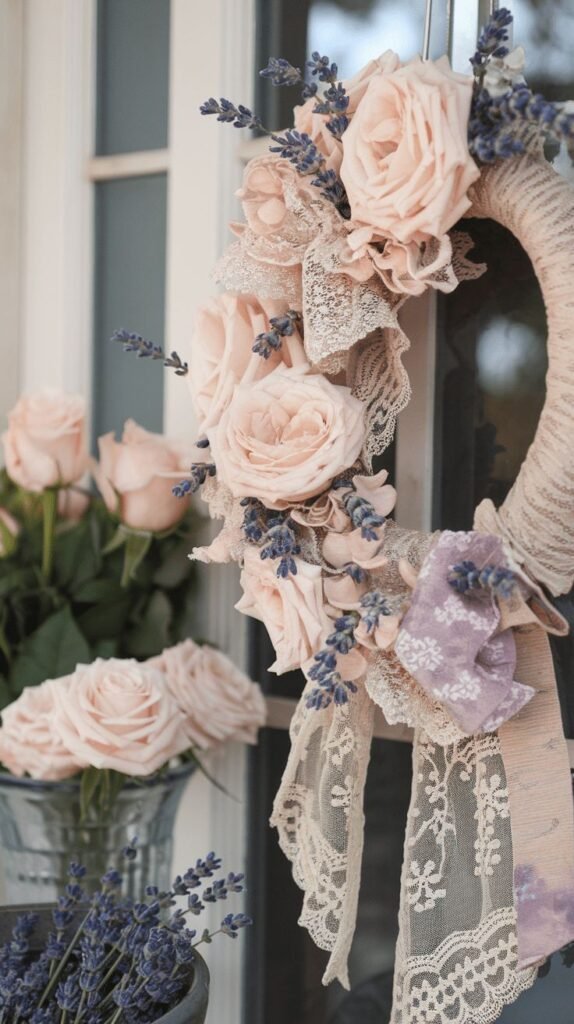 Vintage lace and floral Easter wreath with muted roses and baby's breath