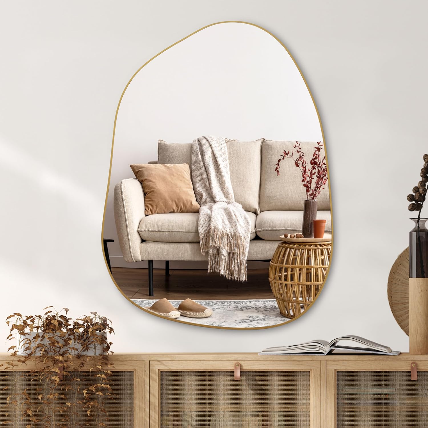 PERFNIQUE Irregular Asymmetrical Wall Mirror, 32 x 24 Inch, Gold