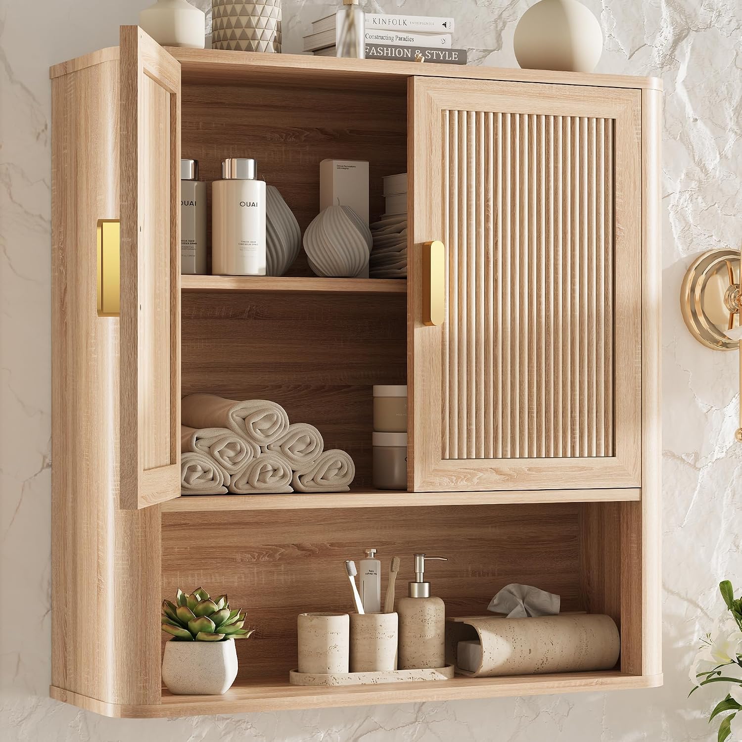 Wall Mounted Medicine Cabinet with Adjustable Wood Shelf and Doors