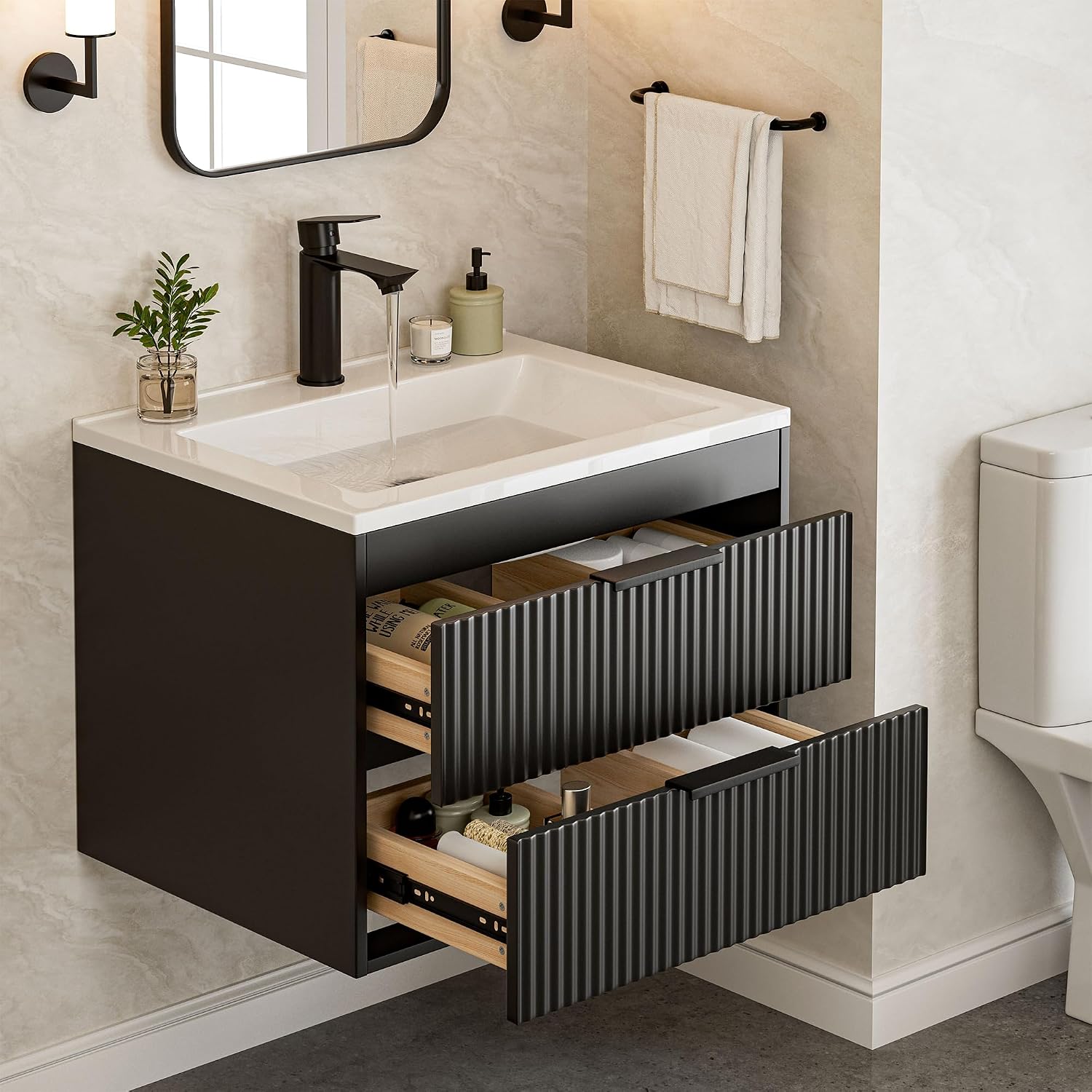 24 Inch Modern Wall Mounted Floating Vanity with Sink and Double Drawers, Black
