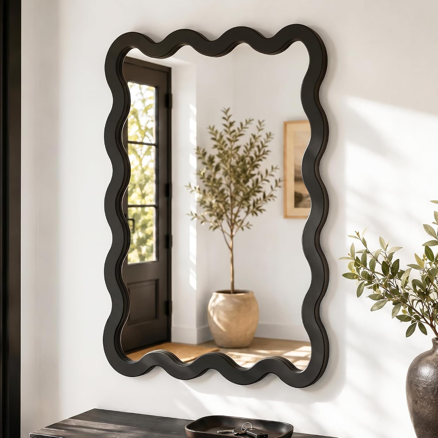 Black Wavy Wall Mirror with Solid Wood Frame, 24 x 36 Inch