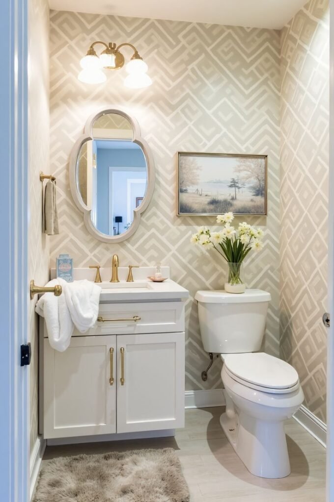 Elegant powder room remodel featuring a curated single art piece