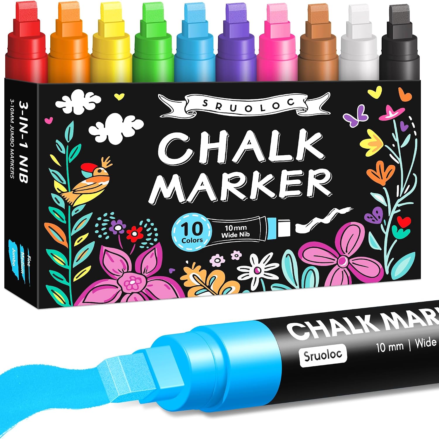 Washable Window Chalk Markers, 10 Colors, Jumbo Liquid Chalk, 10 mm Nib