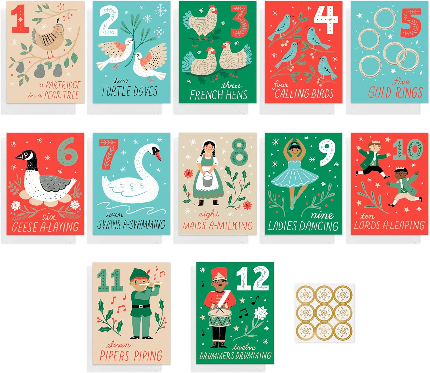 American Greetings 12 Days of Christmas Countdown Mini Note Cards for Kids, 12 ct