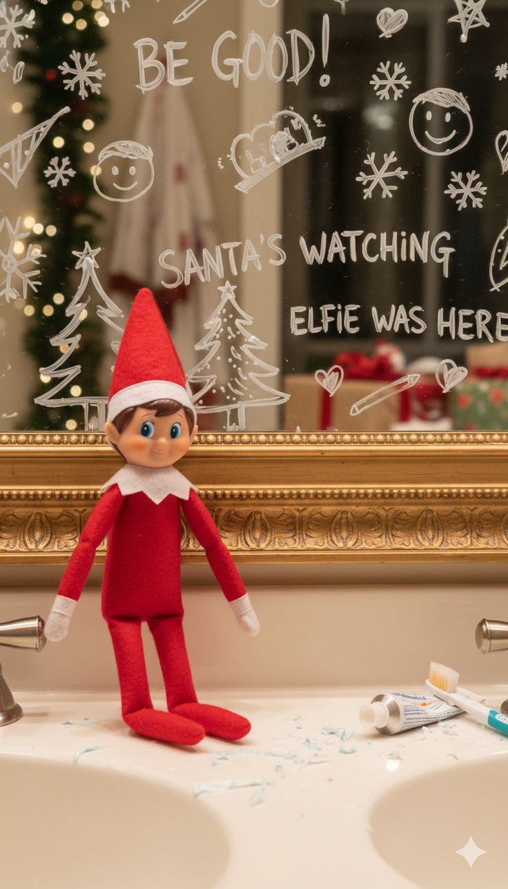 Elf on the Shelf standing on a bathroom counter in front of a mirror covered in messages written in washable marker, including Be Good and Santa's Watching