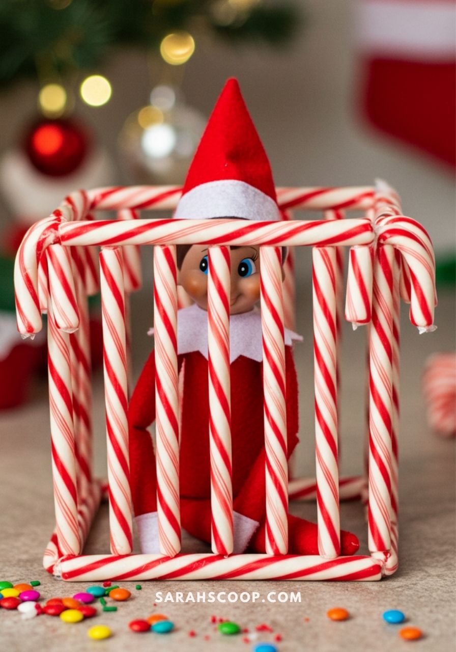 Elf on the Shelf sitting inside a small cage built from candy canes tied together with ribbon