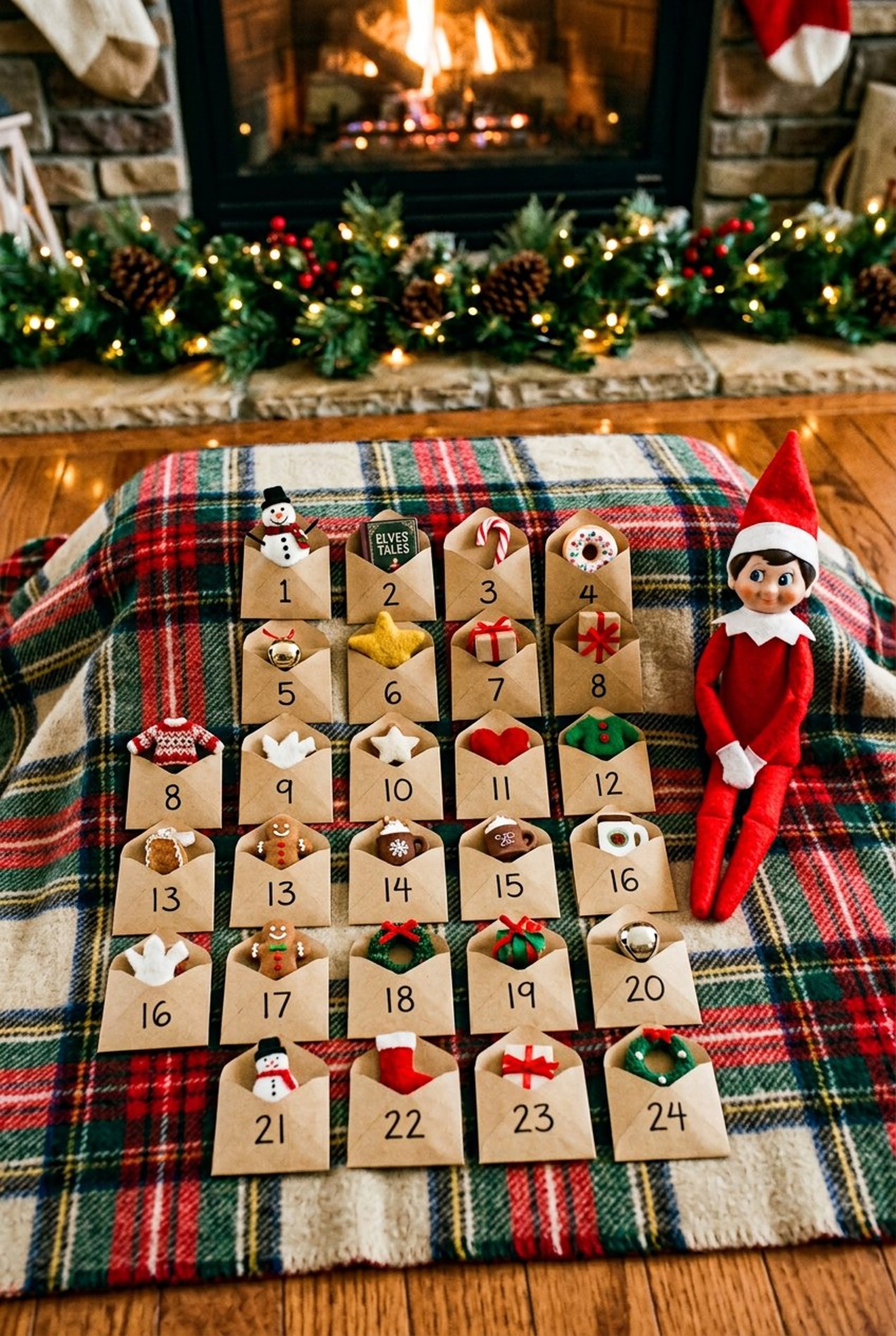 Elf on the Shelf sitting beside a Christmas countdown made of 24 numbered paper envelopes tucked into a plaid blanket by the fireplace