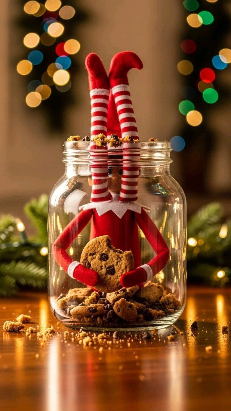 Elf on the Shelf upside down inside a glass cookie jar, legs sticking out the top, holding a chocolate chip cookie