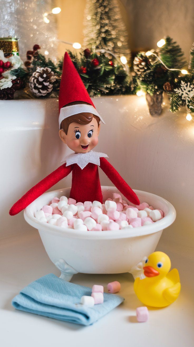 Elf on the Shelf sitting in a clawfoot toy bathtub filled with mini marshmallows beside a rubber duck and a folded blue towel