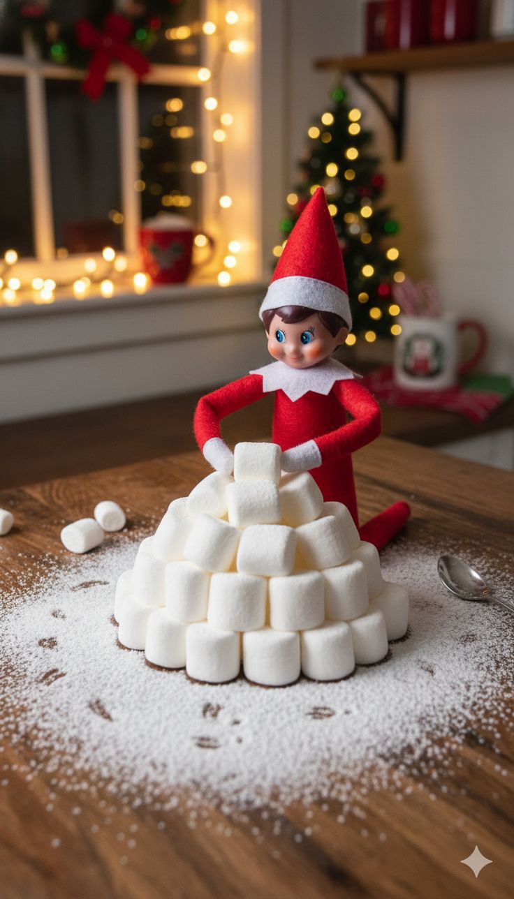 Elf on the Shelf building a small igloo out of marshmallows dusted with powdered sugar snow and tiny footprints